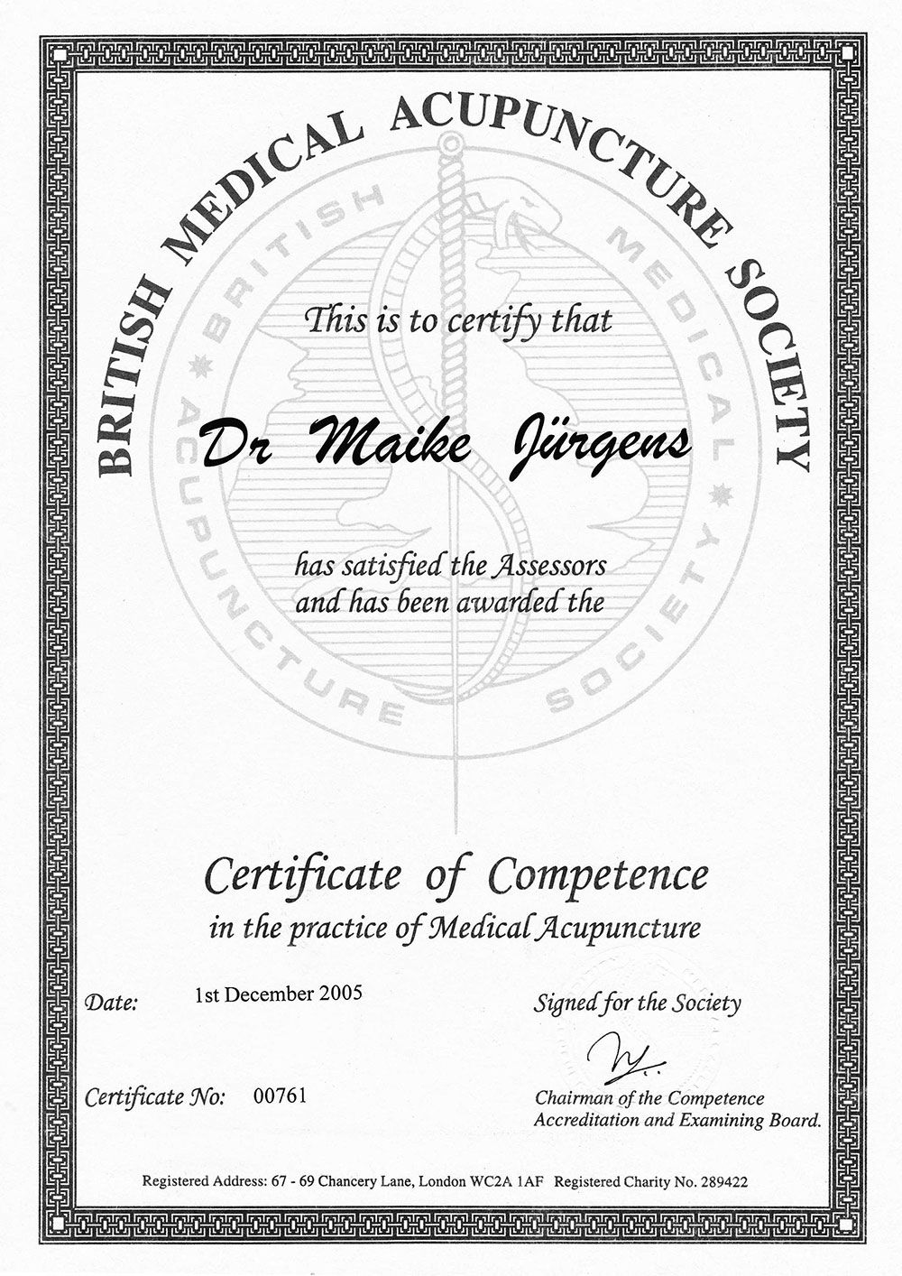 Certificate of Competence in the practice of Medical Acupuncture